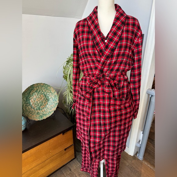 Lands' End Womens 3-Piece Red Plaid Flannel Pajama Set w/ Robe Medium cozy comfy - Picture 1 of 8